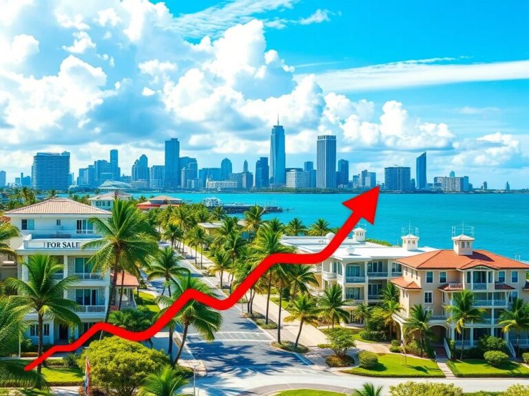 Flick International Vibrant cityscape of Palm Beach with oceanfront properties and New York City skyline in the background