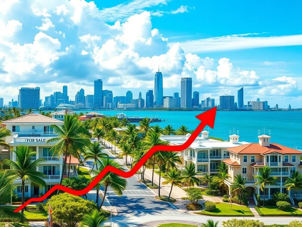 Flick International Vibrant cityscape of Palm Beach with oceanfront properties and New York City skyline in the background