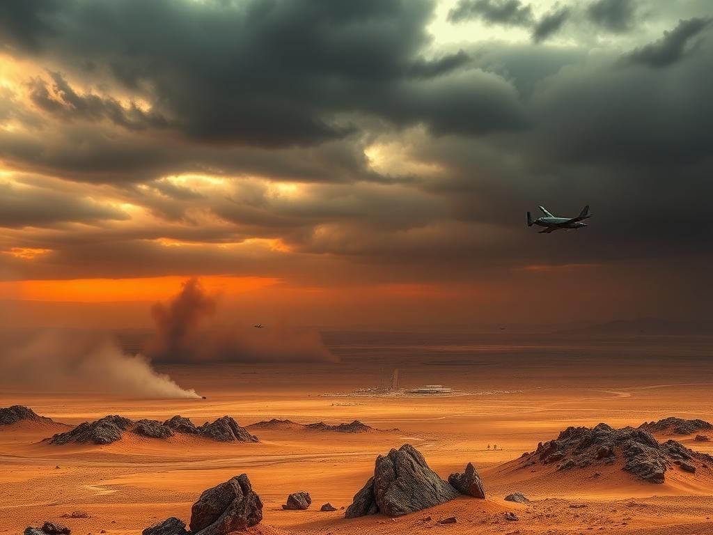 Flick International Aerial view of rugged Iranian landscape highlighting nuclear facilities obscured by dust and smoke