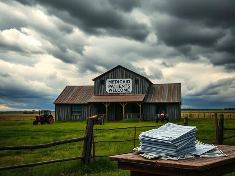 Flick International Rustic rural hospital building under a dramatic sky reflecting Medicaid debate turmoil