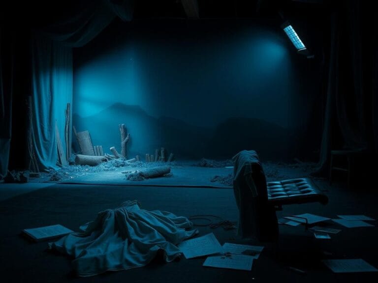 Flick International Dimly lit film set depicting a Western-themed landscape with abandoned props related to the controversy surrounding 'Horizon'