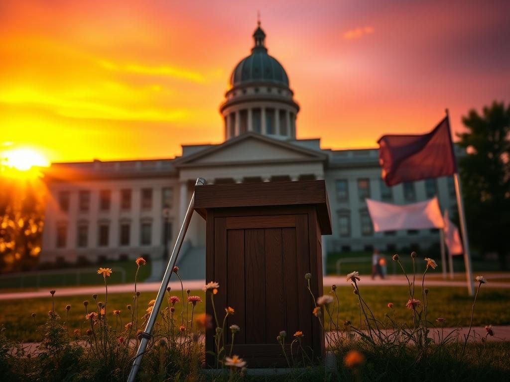 Flick International Empty wooden podium in front of the Maine State Capitol at sunset with wildflowers.