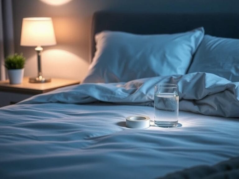 Flick International A serene bedroom scene featuring a roll of medical-grade tape on a nightstand for mouth taping.