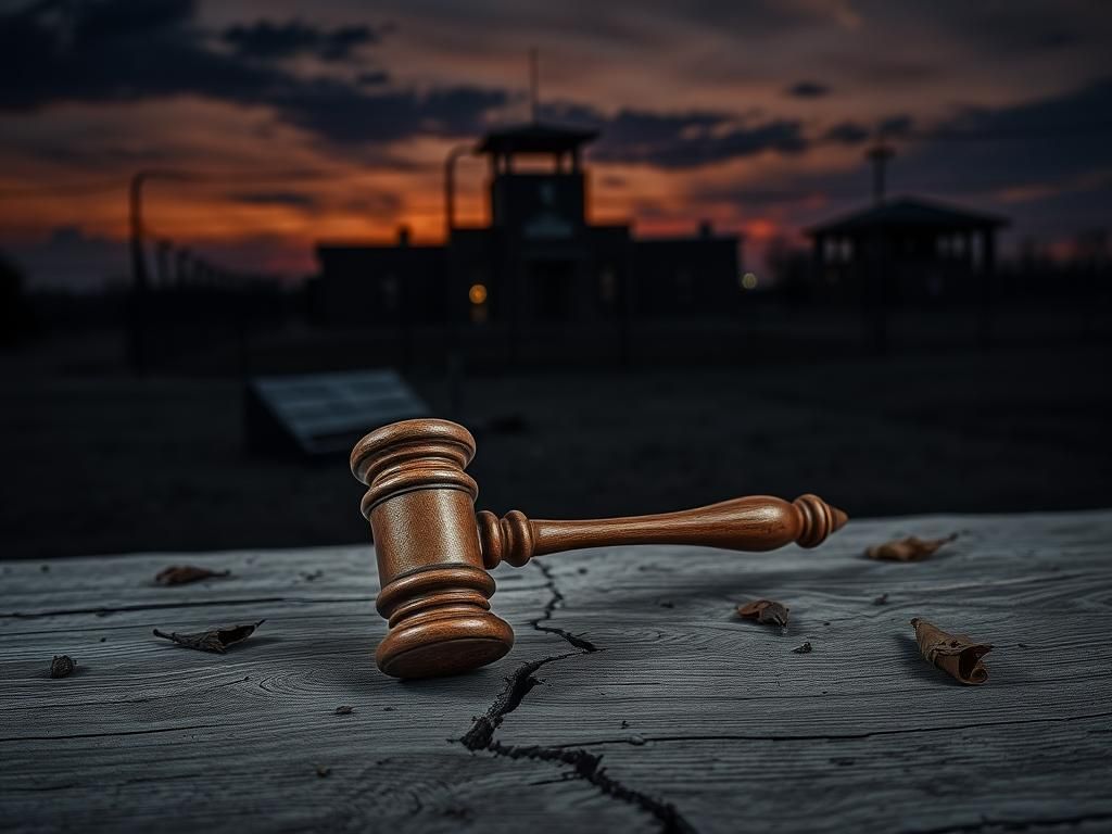 Flick International A desolate Mississippi landscape at dusk with a prison building and barbed wire fences