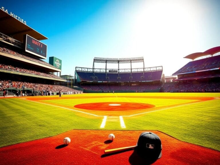 Flick International Vibrant baseball stadium scene capturing an empty pitcher's mound and freshly chalked infield lines.