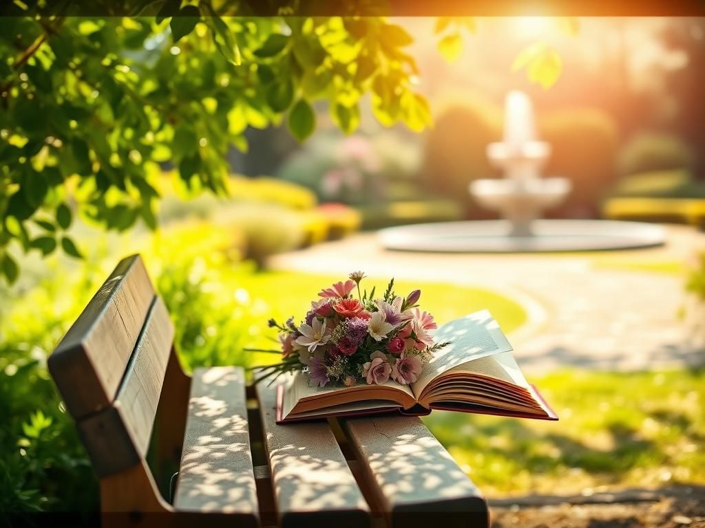 Flick International Serene garden scene with wooden bench and bouquet of flowers symbolizing love and remembrance