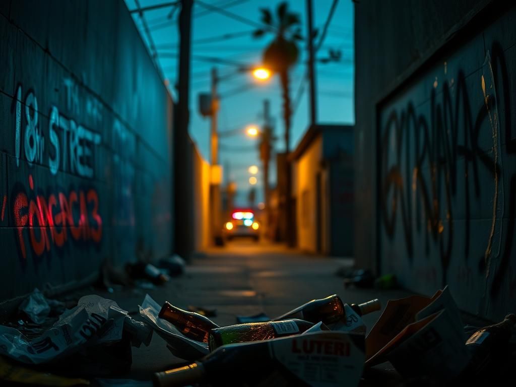 Flick International Gritty LA alleyway under twilight with gang graffiti