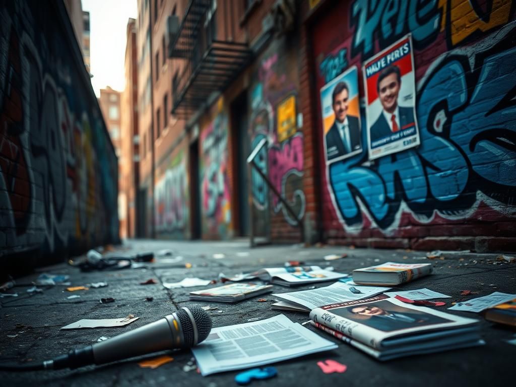 Flick International Abandoned microphone in a graffiti-covered alley representing urban creativity and political activism in New York City.