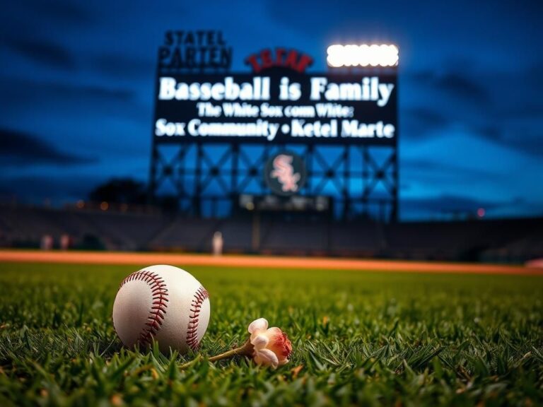 Flick International A baseball field under a twilight sky with a glowing diamond and a wilted flower symbolizing loss.