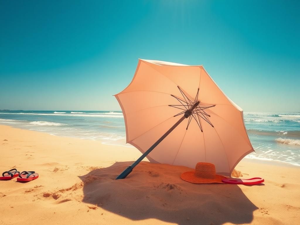 Flick International Overturned beach umbrella with metal stake embedded in the sand at Asbury Park