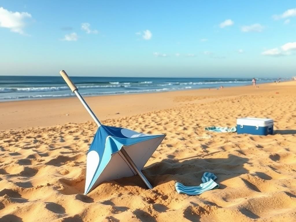 Flick International A tilted beach umbrella with a sharp metal stake protruding from the sand at Asbury Park beach