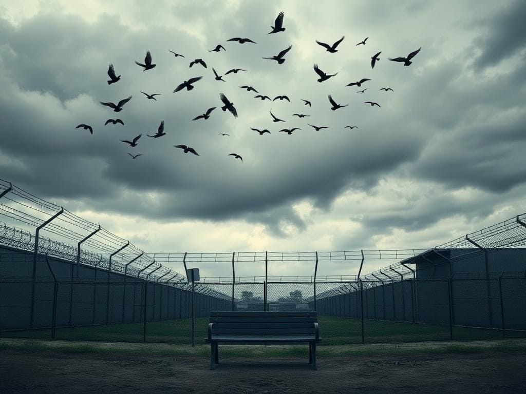 Flick International Somber landscape of a stark prison facility in El Salvador with cloudy sky and barbed wire