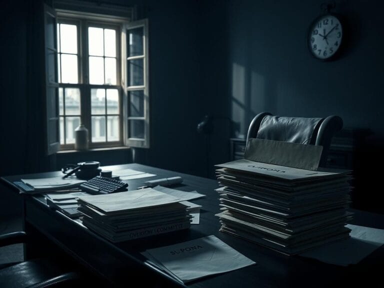 Flick International Dimly lit office with a cluttered desk symbolizing secrecy and obstruction