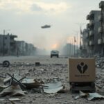 Flick International Damaged aid distribution site in Gaza with debris and military tank in the background