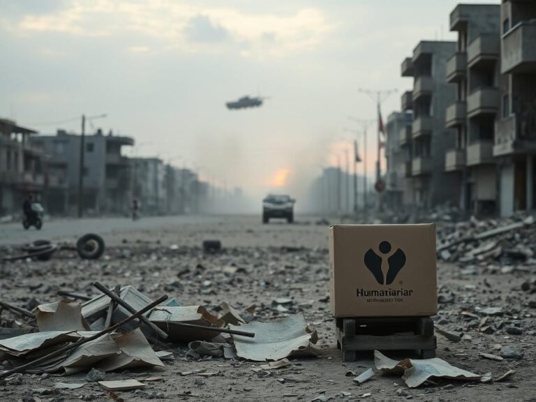 Flick International Damaged aid distribution site in Gaza with debris and military tank in the background