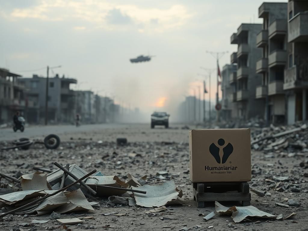 Flick International Damaged aid distribution site in Gaza with debris and military tank in the background