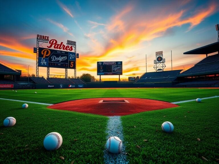 Flick International Vibrant baseball diamond scene at sunset showcasing Padres-Dodgers rivalry