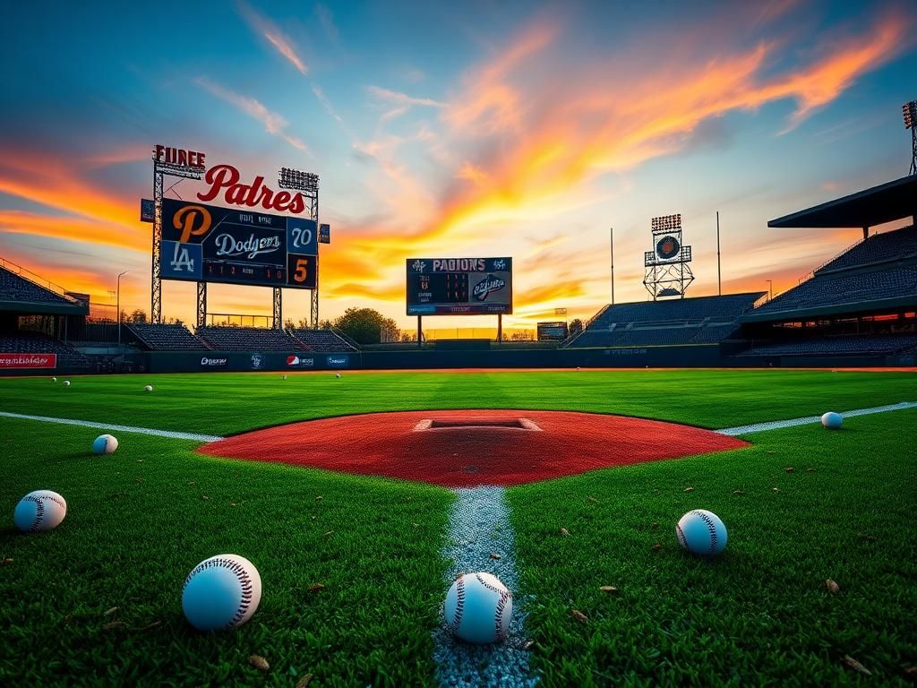 Flick International Vibrant baseball diamond scene at sunset showcasing Padres-Dodgers rivalry