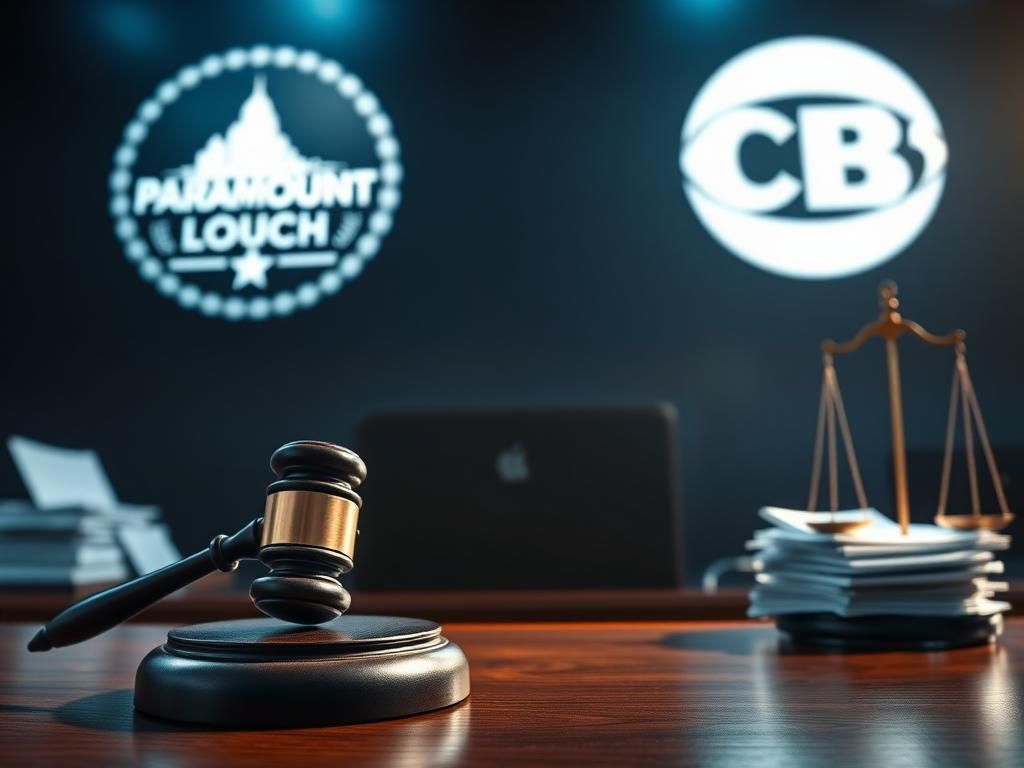 Flick International Dramatic courtroom scene with an imposing gavel and silhouettes of corporate logos in the background