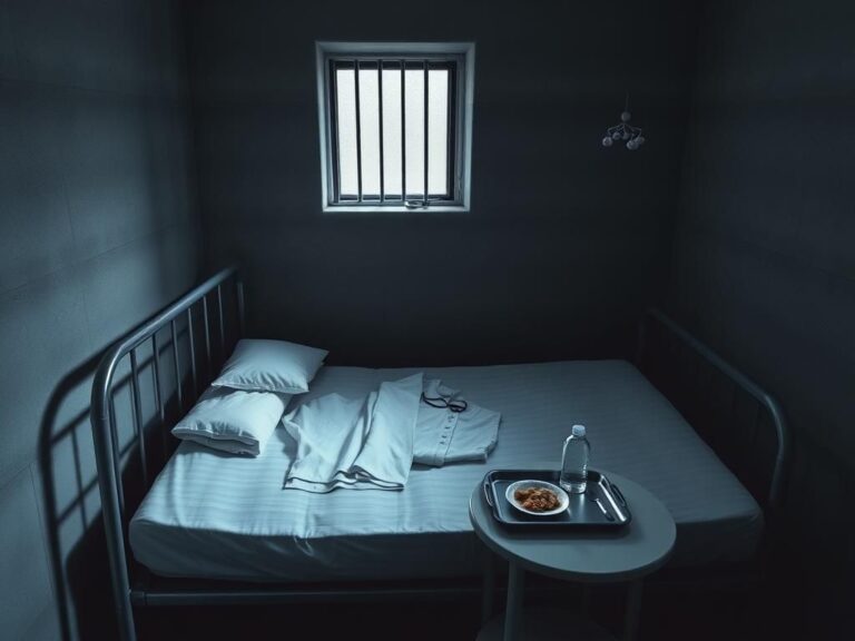 Flick International Stark empty detention center room with a cold metallic bed and gray concrete walls