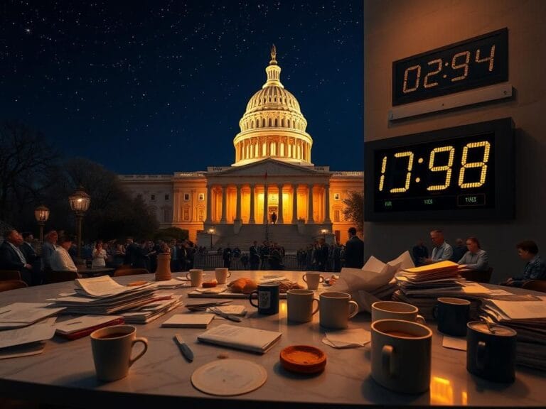 Flick International U.S. Capitol building illuminated at night with a busy table in the foreground