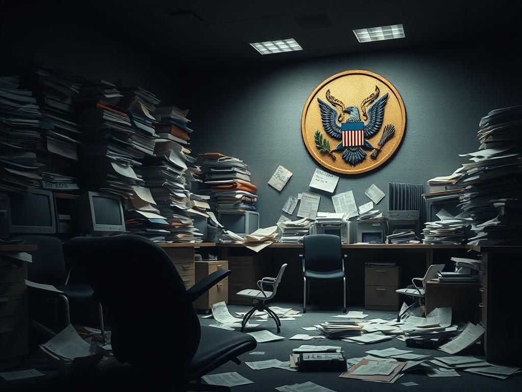 Flick International Dimly lit room with cluttered desks representing chaos in the U.S. Agency for Global Media