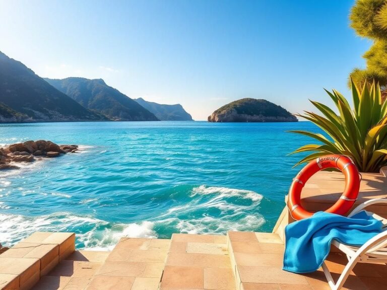 Flick International Serene Mediterranean scene with vibrant blue waters and sunlit stone steps leading into the sea
