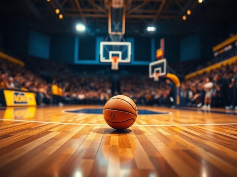 Flick International Vibrant basketball court at dusk with illuminated overhead lights and polished wooden floor