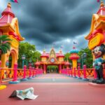 Flick International Entrance to Crazy Animal City at Shanghai Disneyland with whimsical architecture and bright barriers.