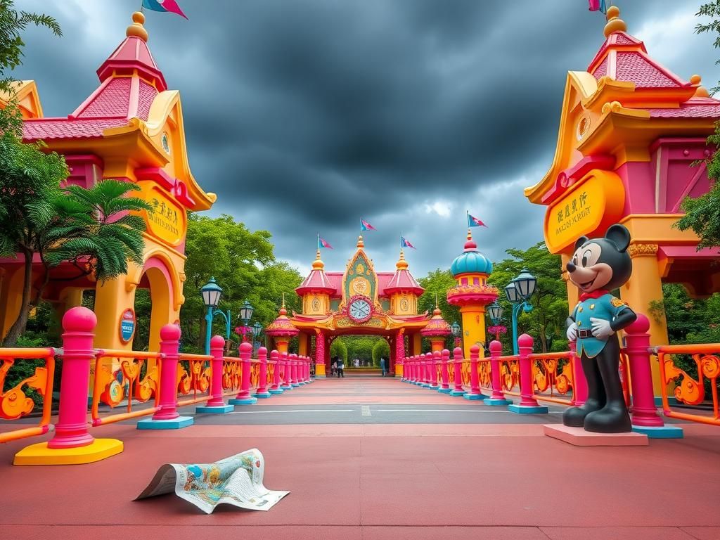 Flick International Entrance to Crazy Animal City at Shanghai Disneyland with whimsical architecture and bright barriers.