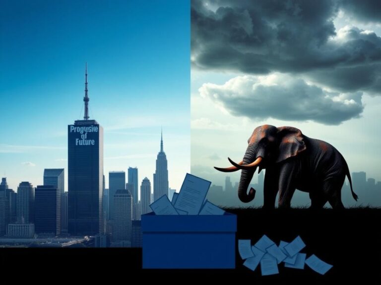 Flick International A split scene representing the contrasting symbols of the Democratic Party's internal conflict featuring a modern NYC skyline with 'Progressive Future' and a shadowy traditional Democratic elephant.