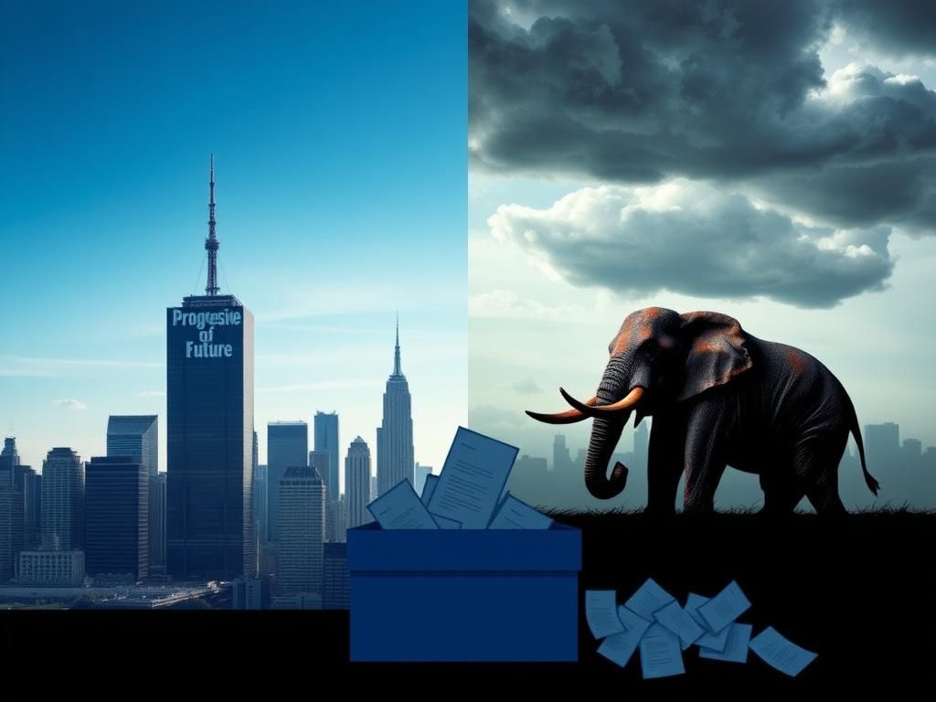 Flick International A split scene representing the contrasting symbols of the Democratic Party's internal conflict featuring a modern NYC skyline with 'Progressive Future' and a shadowy traditional Democratic elephant.
