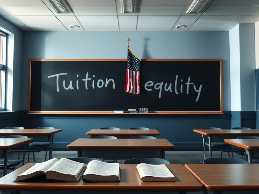 Flick International Classroom setting with empty desks under bright fluorescent lights, featuring a chalkboard that reads 'Tuition Equality'.