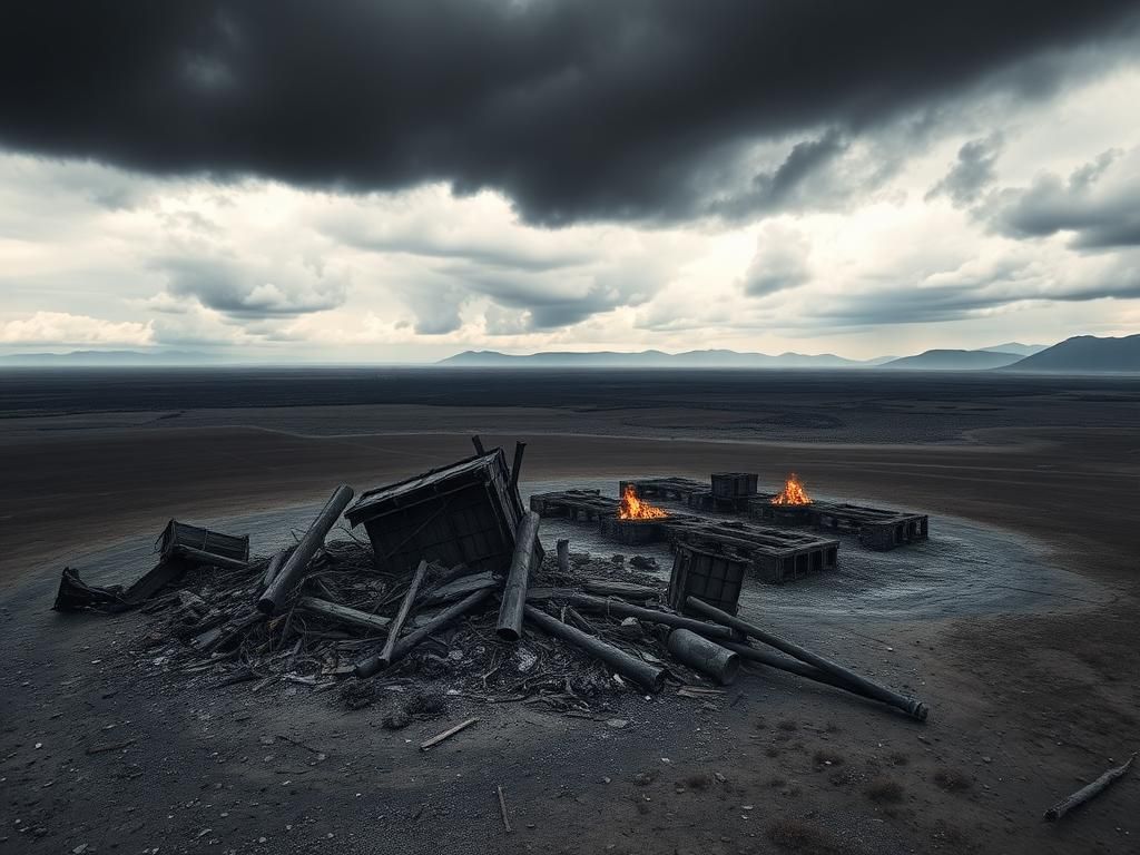 Flick International Aerial view of a devastated nuclear facility surrounded by gray skies