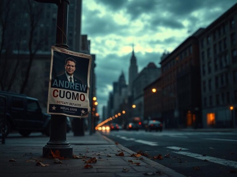 Flick International Weathered campaign poster for Andrew Cuomo on a lamppost in New York City at dusk