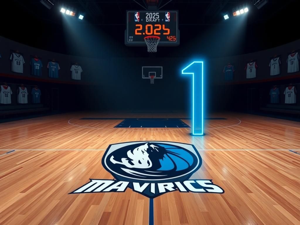 Flick International Abstract depiction of a basketball court at dusk featuring the Dallas Mavericks logo and a glowing number 1 above it