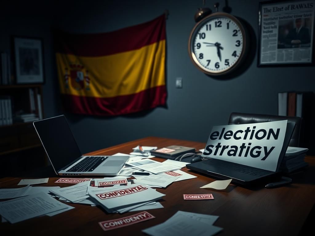 Flick International A somber office setting with a wooden desk and papers marked CONFIDENTIAL symbolizing political turmoil in Spain.