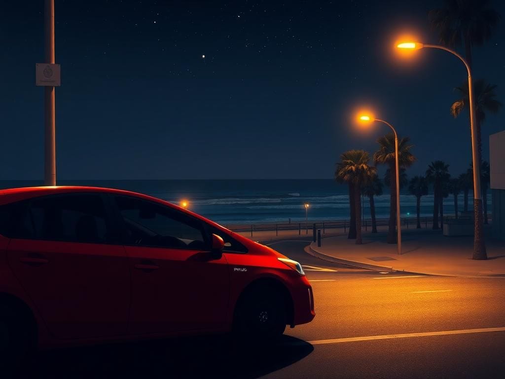 Flick International A nighttime urban street scene in Pacific Beach showing a parked red Toyota Prius under streetlights
