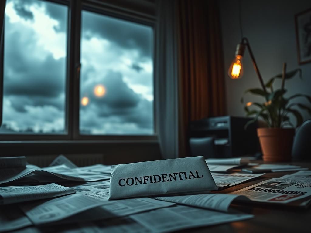 Flick International Dimly lit office space with unopened envelope marked 'CONFIDENTIAL' and scattered papers about abortion rights