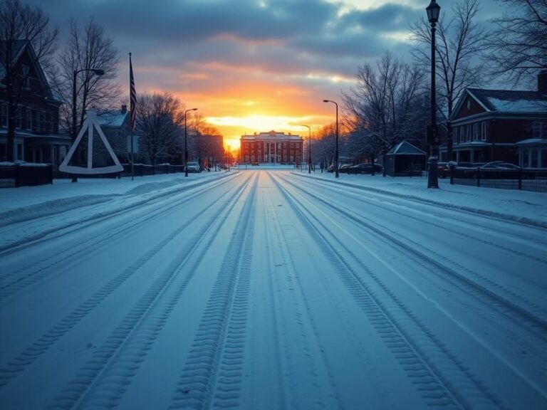Flick International Somber winter scene of snow-covered Boston street at dawn with a police badge and gavel superimposed.