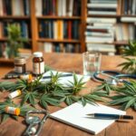 Flick International A serene still life of cannabis leaves and health items on a vintage wooden table