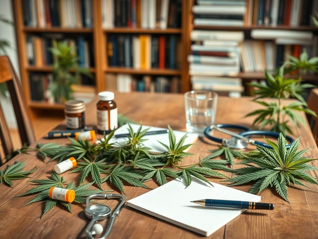 Flick International A serene still life of cannabis leaves and health items on a vintage wooden table