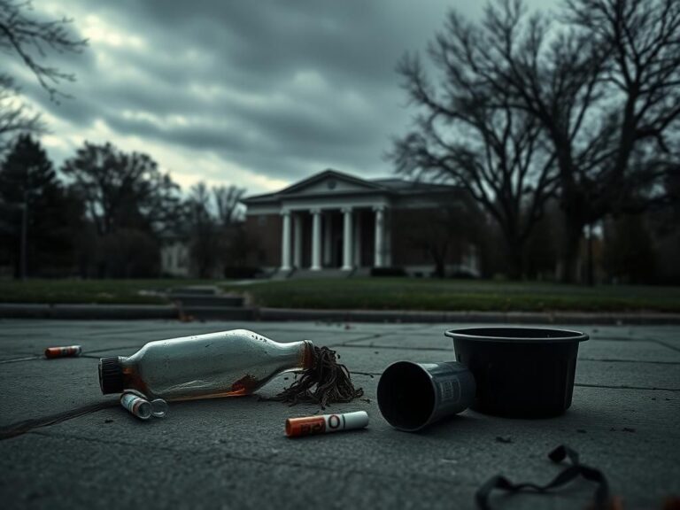 Flick International Somber urban scene of Boulder County Courthouse with remnants of Molotov cocktails