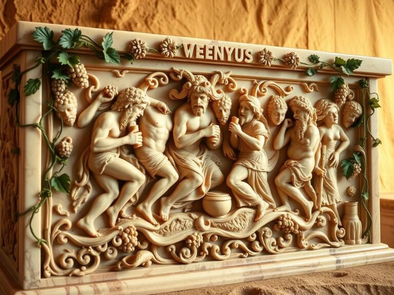Flick International Ornately carved marble Roman sarcophagus depicting a lively drinking contest scene
