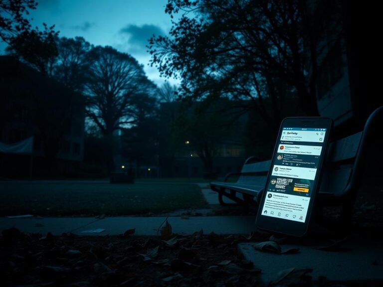 Flick International A dimly-lit college campus at dusk with an empty lecture hall and an abandoned protest banner.