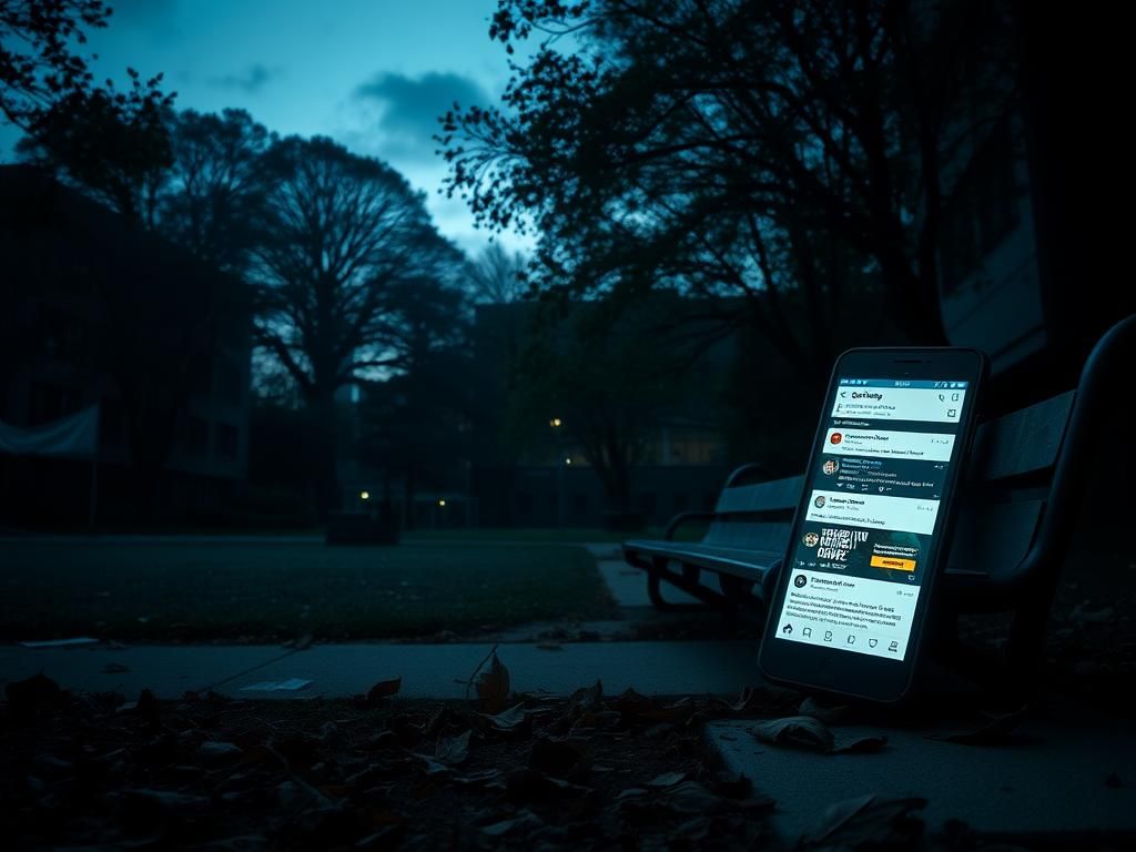 Flick International A dimly-lit college campus at dusk with an empty lecture hall and an abandoned protest banner.