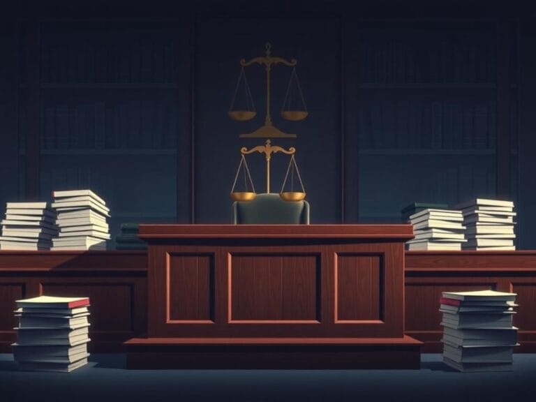 Flick International Courtroom scene featuring a dark wood judge's bench with stacks of legal documents and a balanced scale of justice, symbolizing the gravity of the trial.