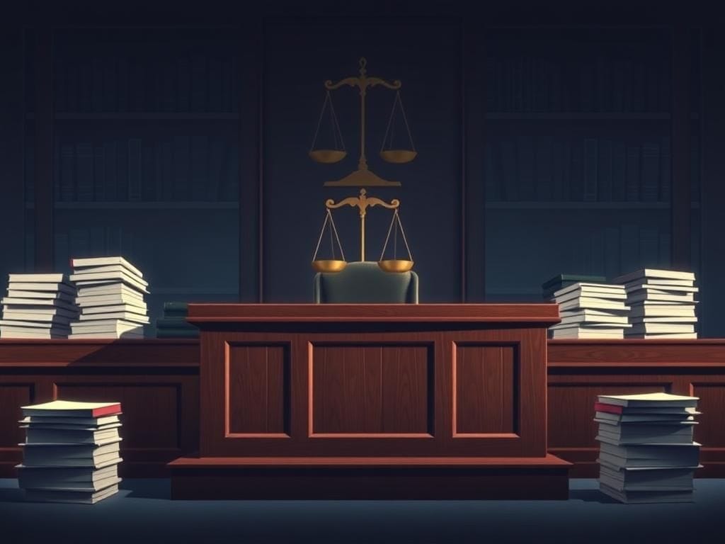 Flick International Courtroom scene featuring a dark wood judge's bench with stacks of legal documents and a balanced scale of justice, symbolizing the gravity of the trial.