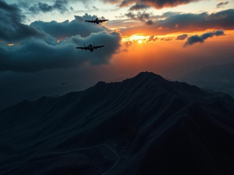 Flick International Aerial view of a rugged mountain landscape in Iran at dawn, featuring an underground nuclear facility entrance.