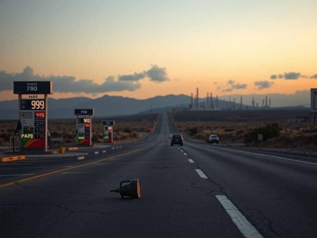 Flick International A desolate California highway at dusk with empty gas station pumps displaying high prices